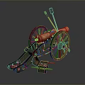 Antique Brass Cannon Featuring Large Wooden Wheels Carriage and Cleaning Brushes