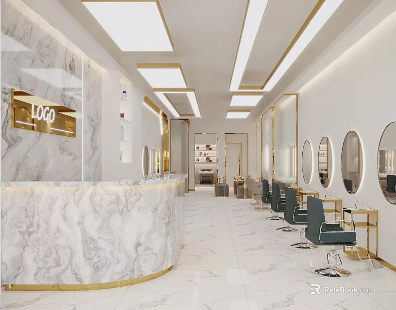 Luxurious Beauty Hair Salon Interior with Marble Reception Counter Gold Accents Mirrors and Styling Chairs 3d model 