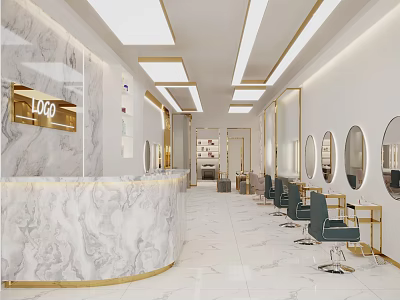 Luxurious Beauty Hair Salon Interior with Marble Reception Counter Gold Accents Mirrors and Styling Chairs 3d model