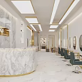 Luxurious Beauty Hair Salon Interior with Marble Reception Counter Gold Accents Mirrors and Styling Chairs