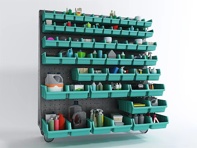 Teal Colored Mobile Storage Cabinet Rack With Multiple Shelves And Organized Items 3d model