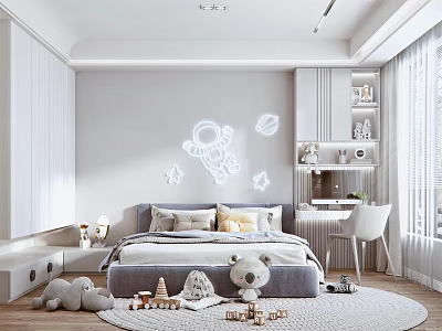 Modern Kids Room Interior With Space Theme Wall Decor Teddy Bears And Study Desk 3d model