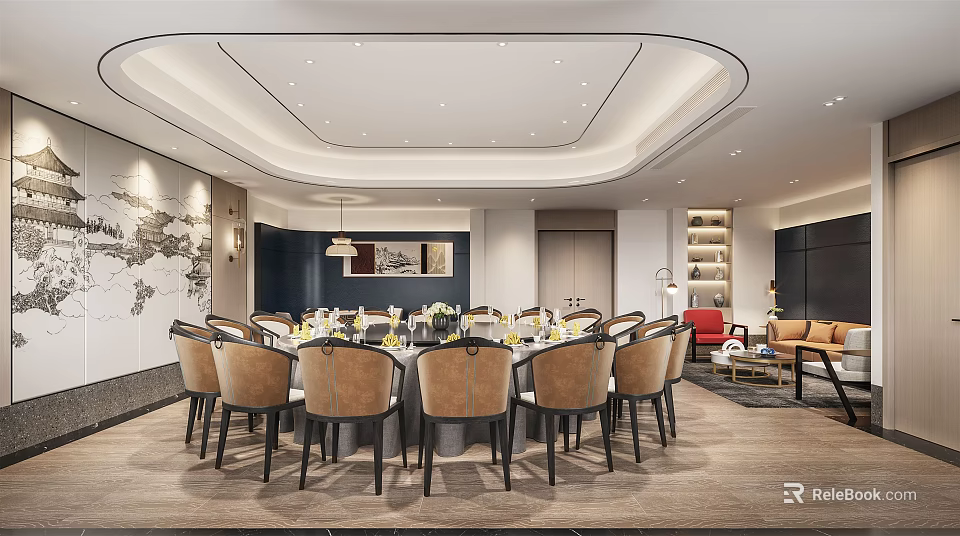 Elegant Private Dining Room Interior With Large Round Table Leather Chairs And Modern Ceiling Design 3d model