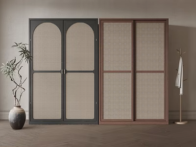 Dark Green And Brown Wooden Wardrobes With Arched And Rattan Grid Doors 3d model