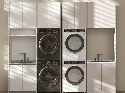Modern Laundry Room Interior Design With White Cabinets And Built In Washing Machines 3d model