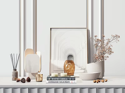 Chic Ornamental Decor Set With Framed Art Books Dried Flowers And Ceramic Vase 3d model