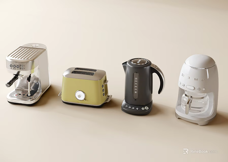 Stylish Small Kitchen Appliances Collection With Espresso Machine Toaster Kettle And Drip Coffee Maker 3d model 