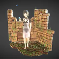 Female Character In White Dress Standing By Stone Walls With Plants And Butterfly