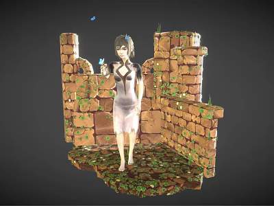 Female Character In White Dress Standing By Stone Walls With Plants And Butterfly 3d model