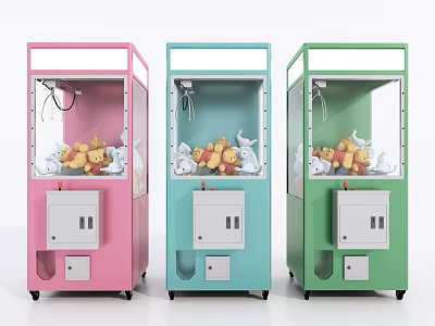 Colorful Amusement Equipment Claw Machines in Pink Blue Green with Stuffed Toys Inside 3d model