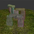 Natural Wood And Stone Outdoor Structures Set On Lush Green Grassland Area