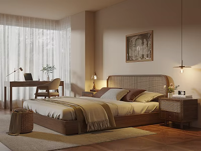 Modern Bedroom Interior With Wicker Headboard Desk Table Lamp Curtains Rug And Wall Painting 3d model