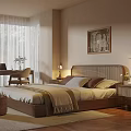 Modern Bedroom Interior With Wicker Headboard Desk Table Lamp Curtains Rug And Wall Painting