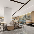 Modern Cafeteria Interior With Dining Tables Chairs And Food Counters