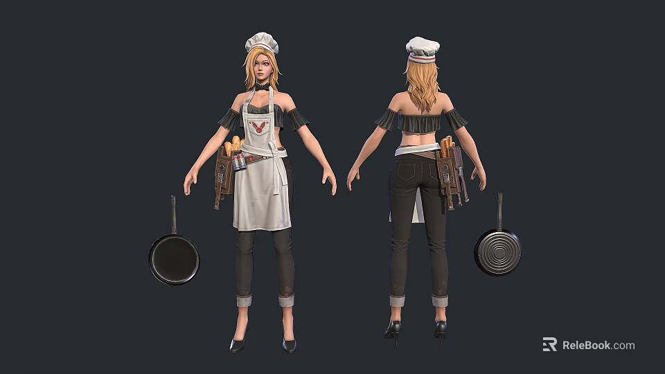 Woman In Chef Hat Off Shoulder Top Apron Jeans And High Heels Holding Frying Pan 3d model 
