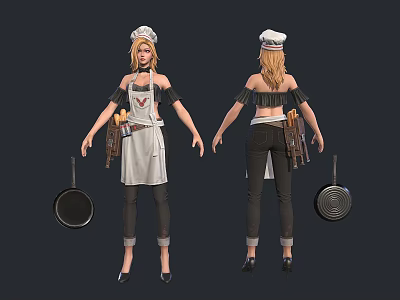 Woman In Chef Hat Off Shoulder Top Apron Jeans And High Heels Holding Frying Pan 3d model