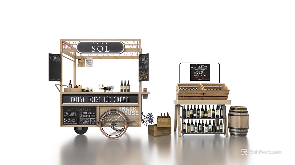 SOL Functional Mobile Cart with Ice Cream Display Wooden Shelves Blackboard Menu and Wine Barrels 3d model 