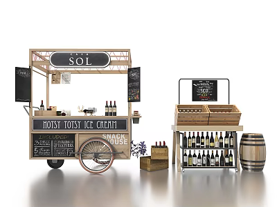 SOL Functional Mobile Cart with Ice Cream Display Wooden Shelves Blackboard Menu and Wine Barrels 3d model