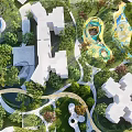 Residential Landscape With White Buildings Lush Greenery Winding Paths And Gardens