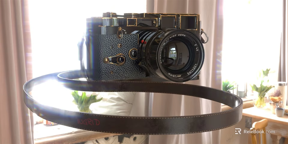 Vintage Black Digital Camera With Gold Accents And Leather Strap 3d model 