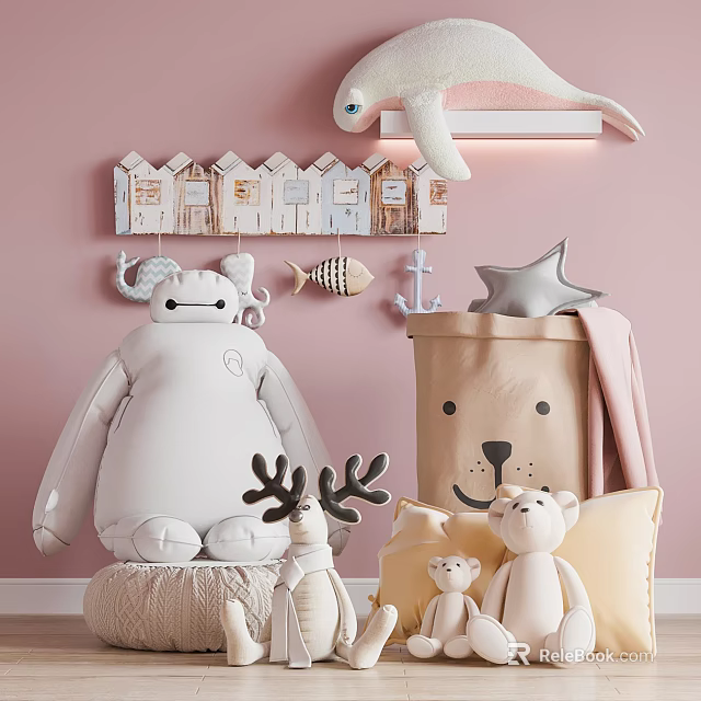 Cute Stuffed Toys With Pink Wall House Shaped Decor Star Anchor And Bear Storage Bin 3d model 