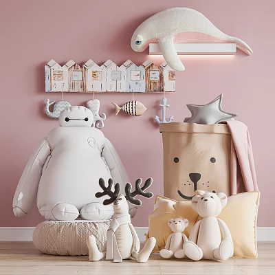 Cute Stuffed Toys With Pink Wall House Shaped Decor Star Anchor And Bear Storage Bin 3d model