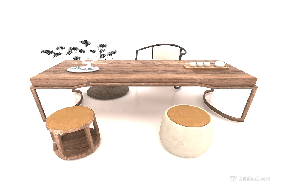 Traditional Wooden Tea Table and Chairs with Stools and Tea Set Decorations 3d model 