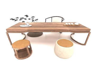 Traditional Wooden Tea Table and Chairs with Stools and Tea Set Decorations 3d model