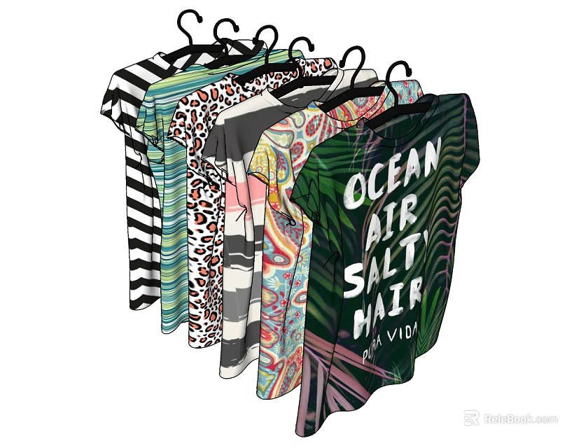 Hanging T shirts with striped leopard print floral patterns and Ocean Air Salty Hair text 3d model 