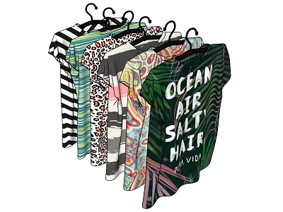Hanging T shirts with striped leopard print floral patterns and Ocean Air Salty Hair text 3d model