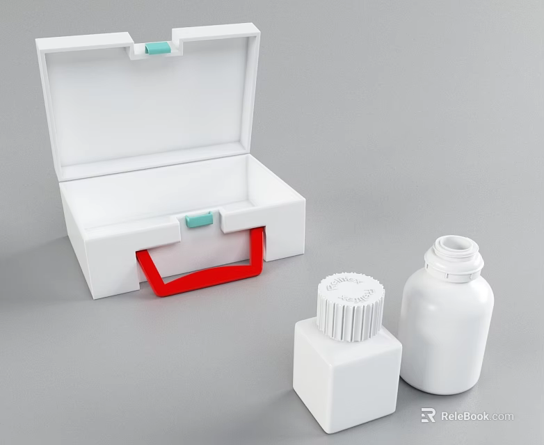 White Medical Devices Storage Case With Red Handle And Two White Bottles 3d model 