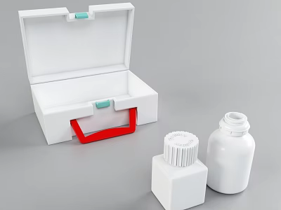 White Medical Devices Storage Case With Red Handle And Two White Bottles 3d model