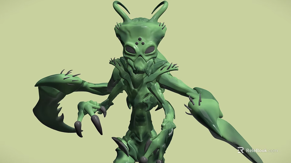 Green Alien Like Fantasy Creature Game Movie Character With Antennae And Claws 3d model 