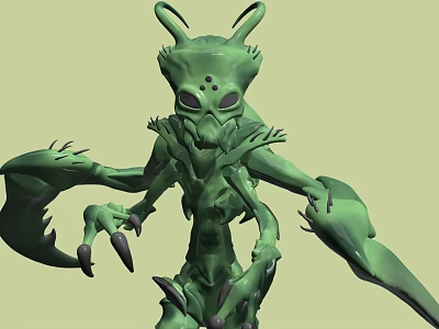 Green Alien Like Fantasy Creature Game Movie Character With Antennae And Claws 3d model