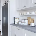 Elegant Minimalist White And Grey Kitchen With Storage Cabinets Central Island And Chic Arched Design