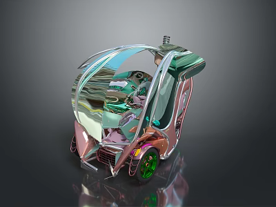 Futuristic Three Wheeled Vehicle With Transparent Canopy Colorful Metallic Finish And Green Wheels 3d model