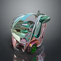 Futuristic Three Wheeled Vehicle With Transparent Canopy Colorful Metallic Finish And Green Wheels