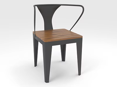 Modern Black Metal Frame Single Chair With Brown Wooden Slat Seat 3d model