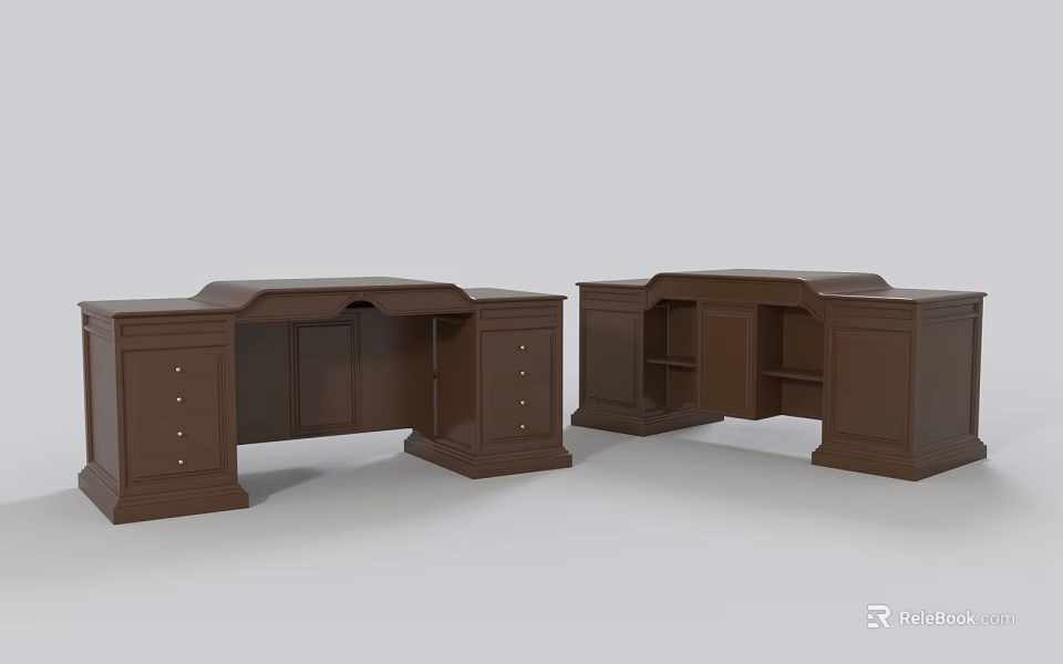 Classic Brown Wooden Desk With Drawers And Cabinet Storage Units 3d model 