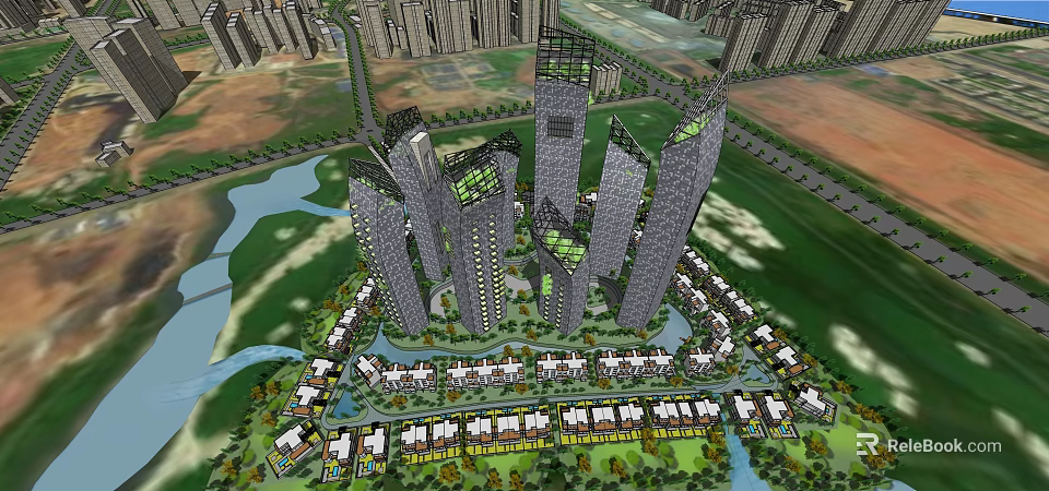 Modern High Rise Office Buildings in Urban Planning With River And Greenery 3d model 