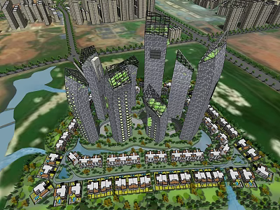 Modern High Rise Office Buildings in Urban Planning With River And Greenery 3d model