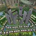 Modern High Rise Office Buildings in Urban Planning With River And Greenery