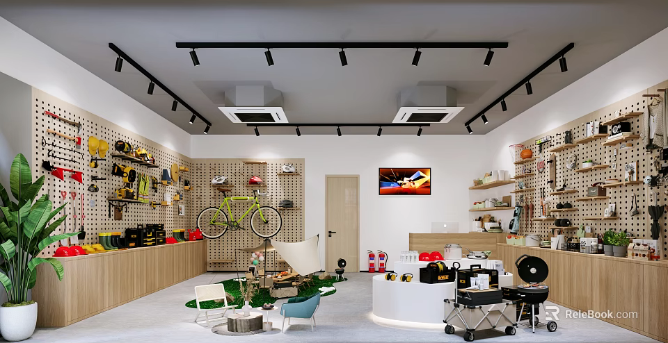 Modern Retail Store Interior With Bicycle Shelves Various Products And Artwork 3d model 