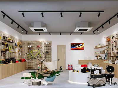 Modern Retail Store Interior With Bicycle Shelves Various Products And Artwork 3d model