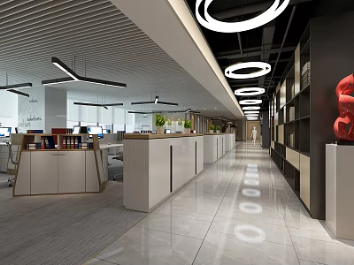 Modern Public Office Space With Circular Ceiling Lights Workstations Green Plants And Marble Floors 3d model