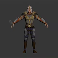 Ornate 3D Warrior Character Wearing Detailed Armor Holding Decorative Sword With Red Gold Accents