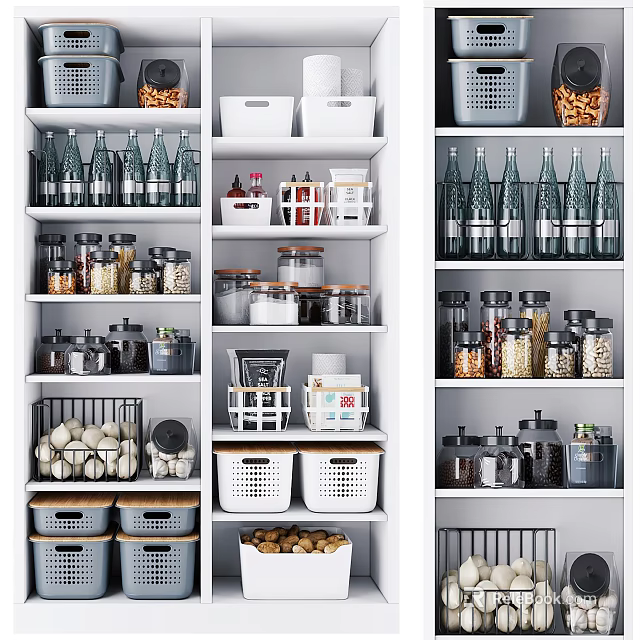 Organized Kitchen Storage Shelves With Glass Jars Bottles And Woven Baskets 3d model 