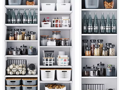 Organized Kitchen Storage Shelves With Glass Jars Bottles And Woven Baskets 3d model