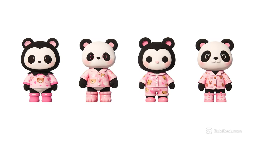 Cute Panda Game Movie Characters in Pink Outfits With Different Expressions 3d model 