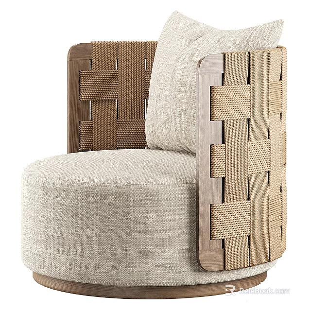 Modern Single Sofa With Woven Armrests Beige Cushion And Wooden Frame 3d model 